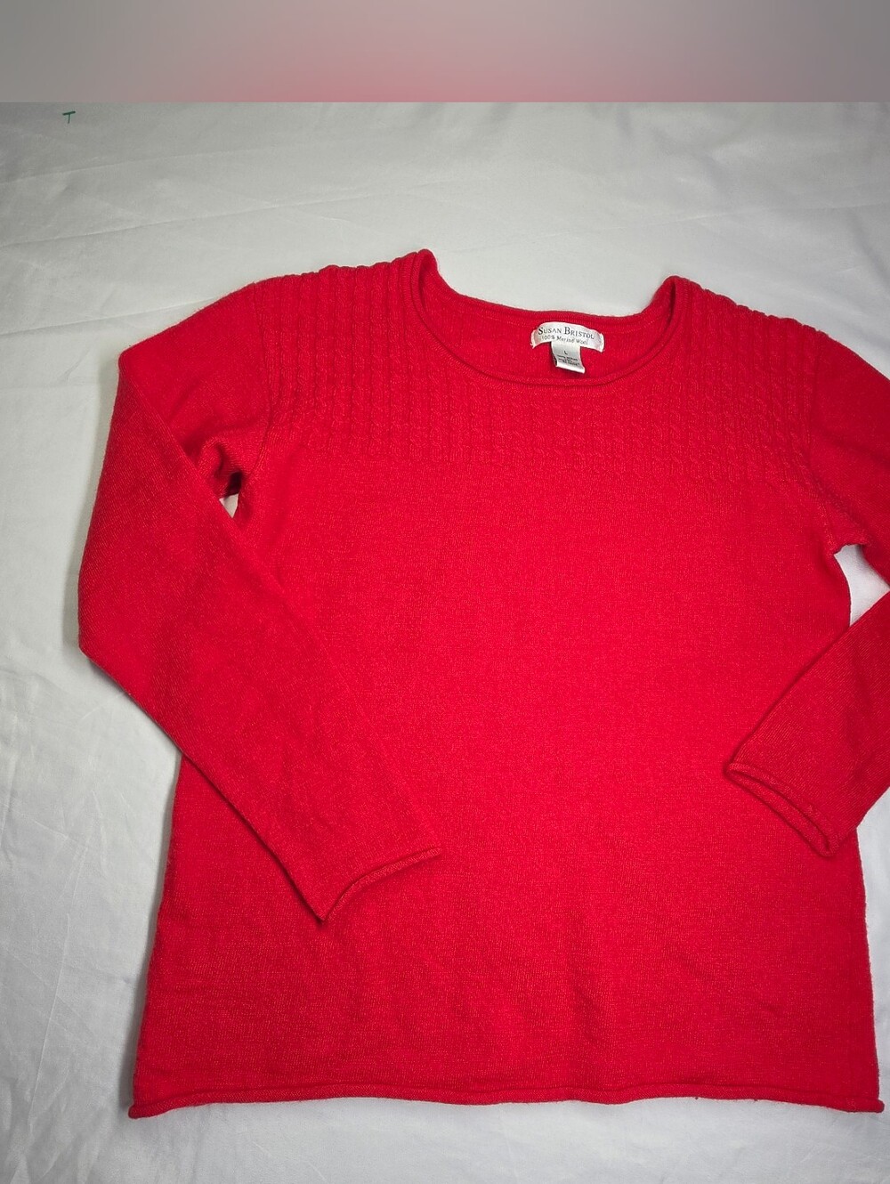 Susan Bristol 100% Merino Wool Red Sweater Size L Made in USA Quiet Luxury